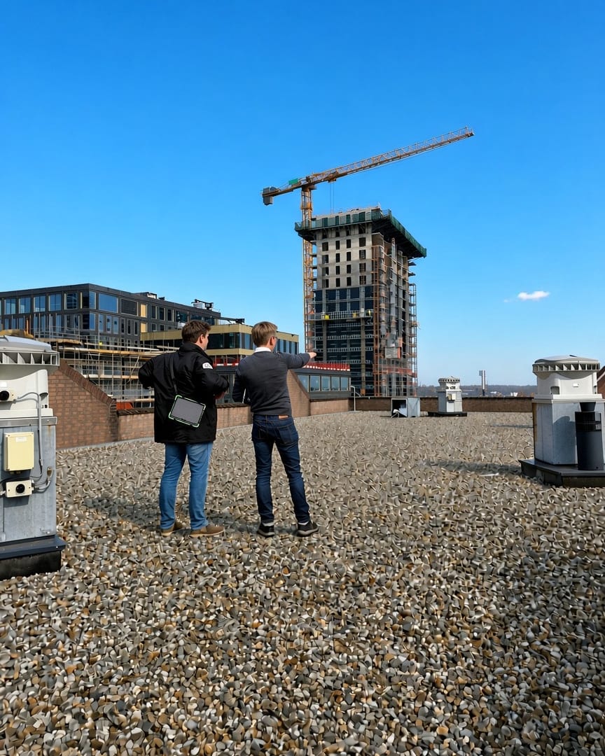 Twee mensen op een plat grinddak, een met een tablet onder de arm, wijzen naar een woontoren in aanbouw met een bouwkraan: een inspectie waarbij per bouwdeel de gebreken worden vastgelegd